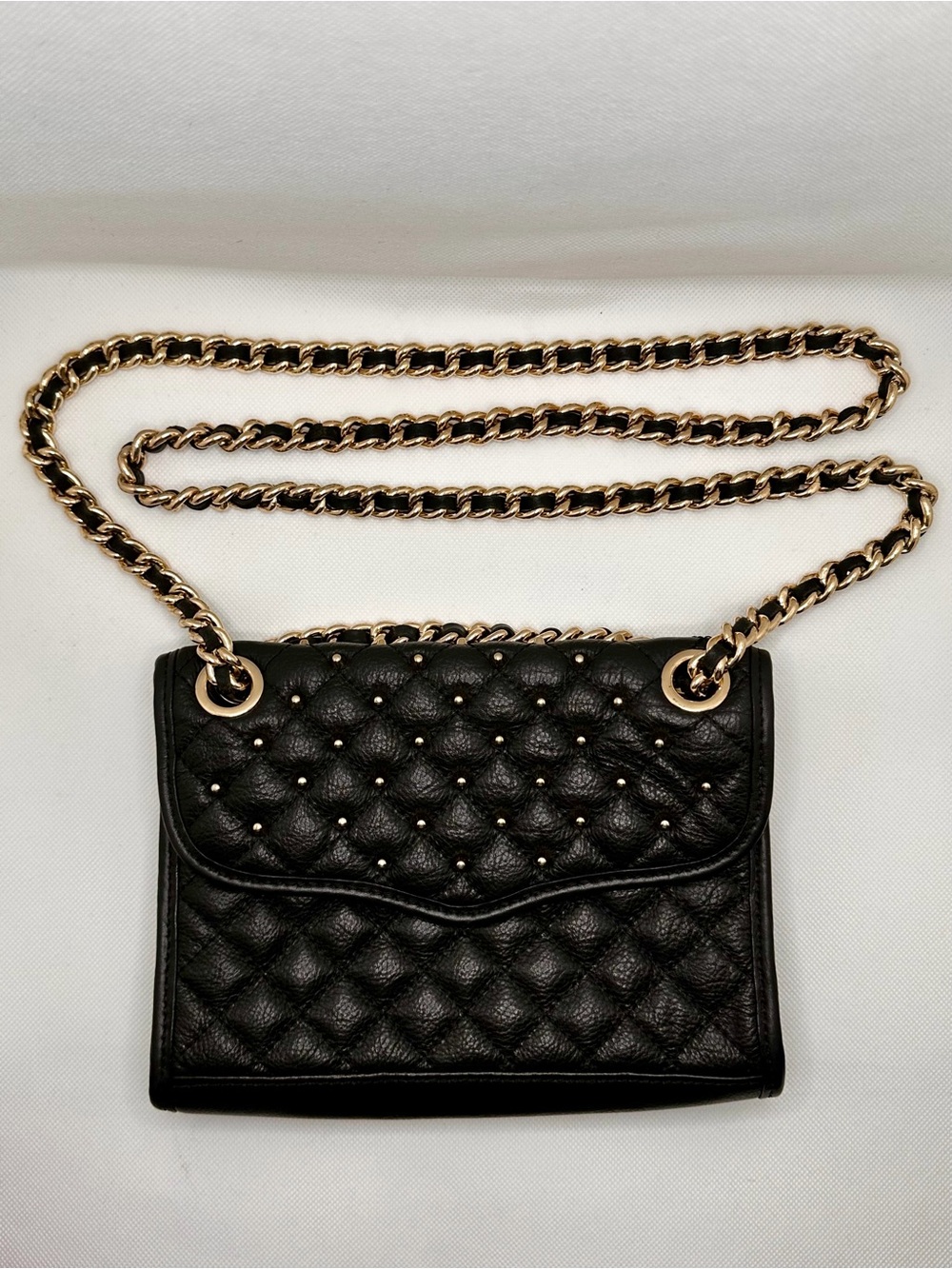Rebecca Minkoff Black Quilted Leather Studded Crossbody Shoulder Bag Gold Chain
